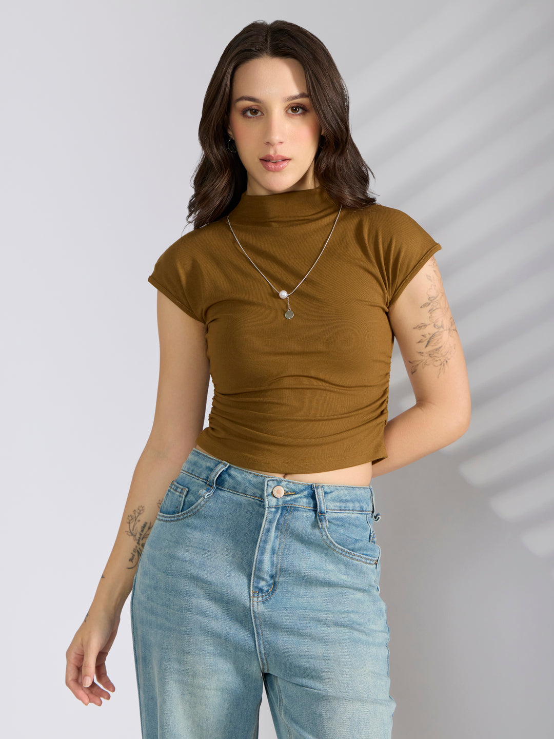 Women's Olive Fitted Ruched Top with Chain
