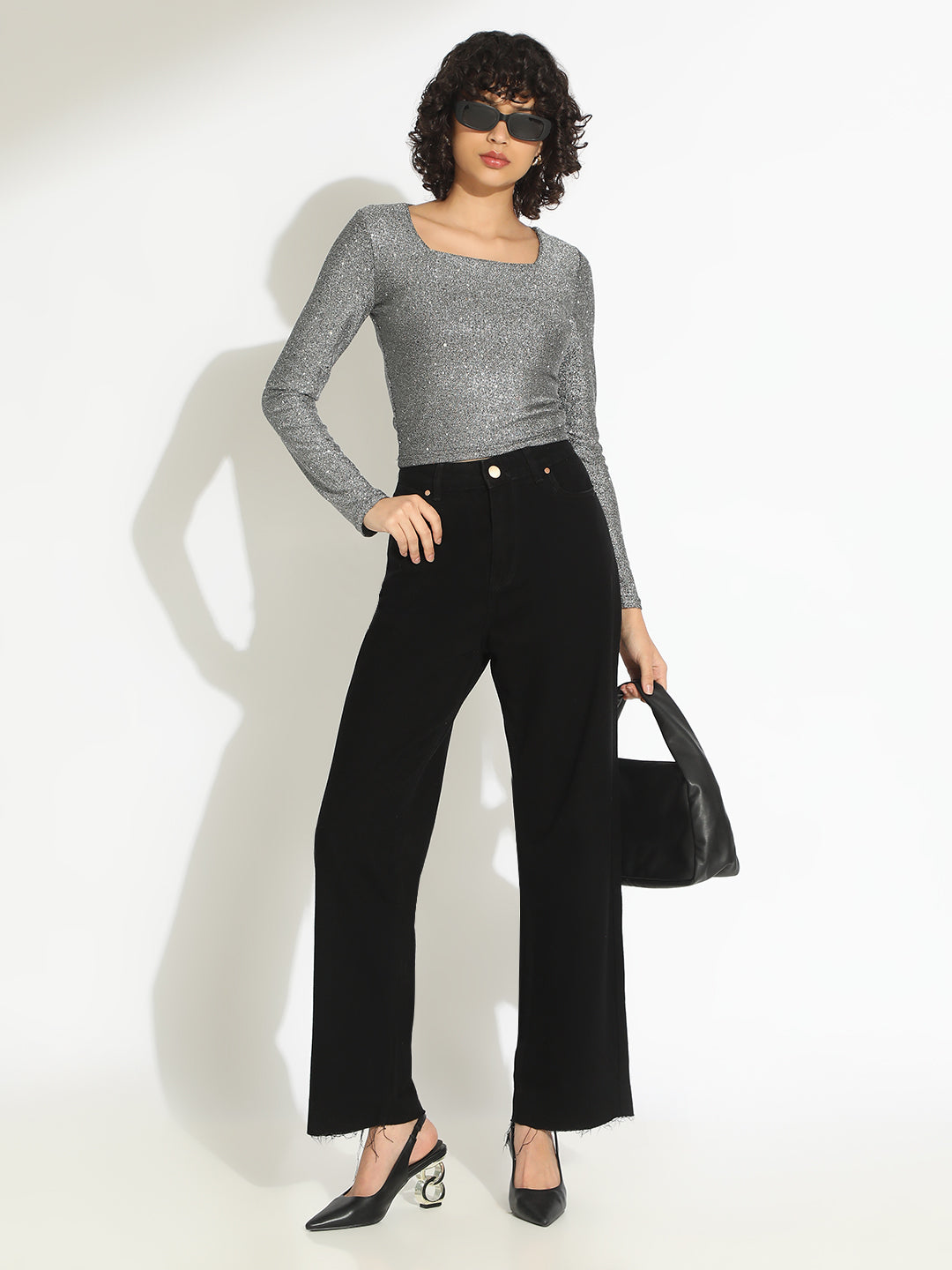 Women's Grey Embellished Long Sleeve Top