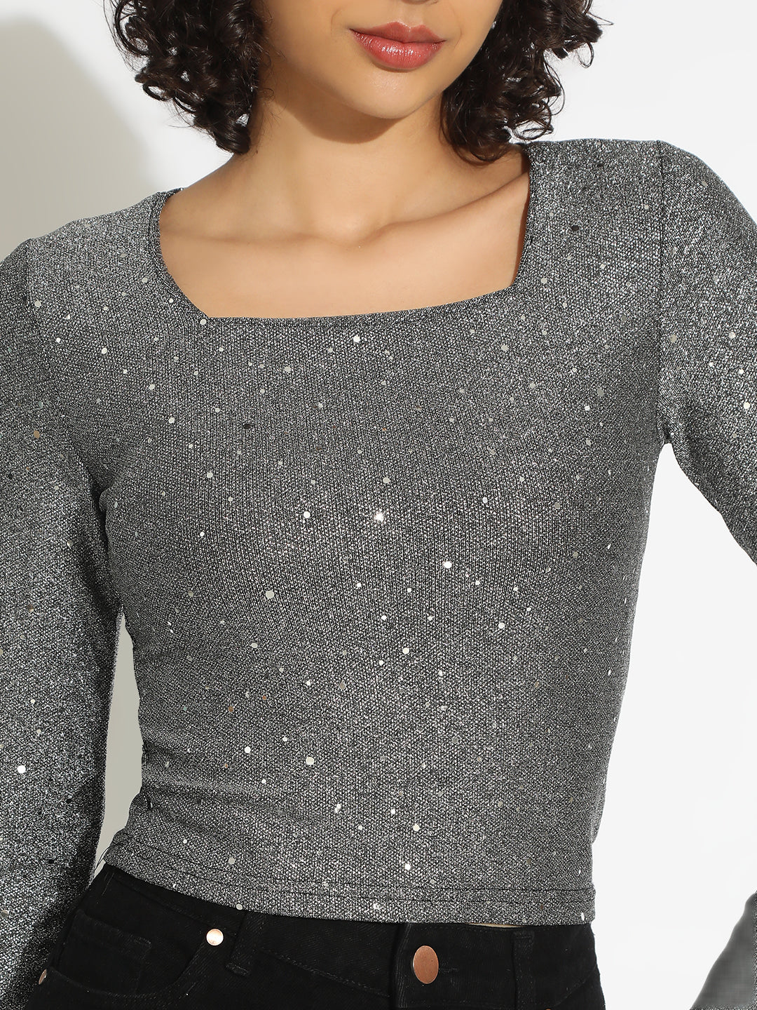 Women's Grey Embellished Long Sleeve Top
