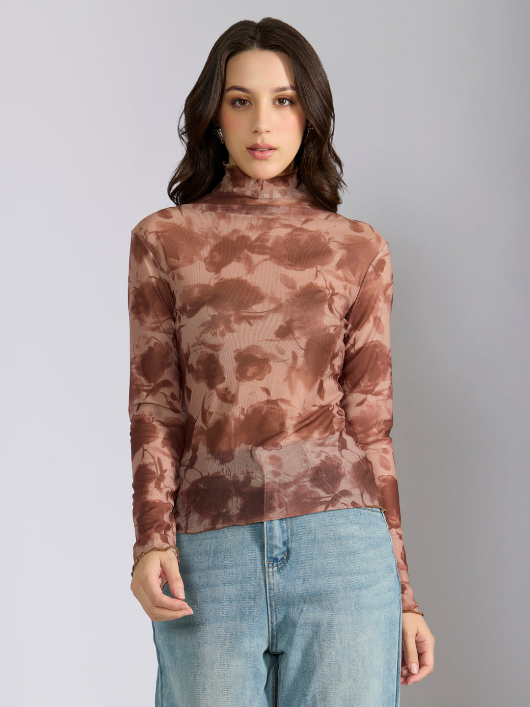 Women's Tie & Dye Brown High Neck Mesh Top