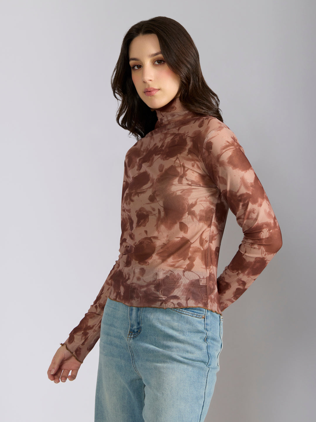 Women's Tie & Dye Brown High Neck Mesh Top