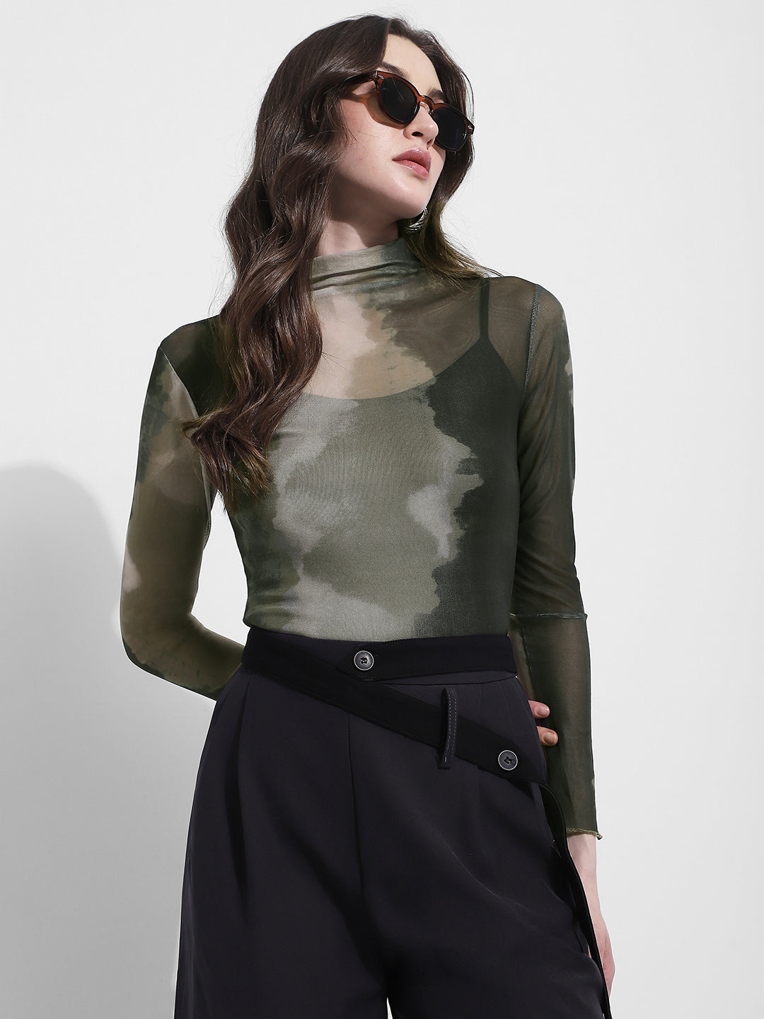 Women's Sheer Green Tie Dye High Neck Mesh Top