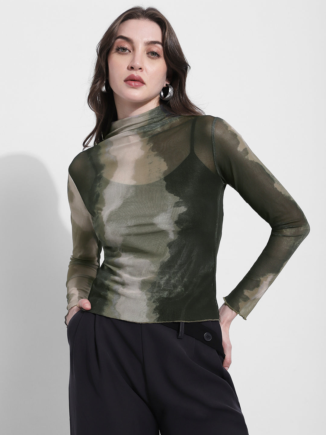 Women's Sheer Green Tie Dye High Neck Mesh Top