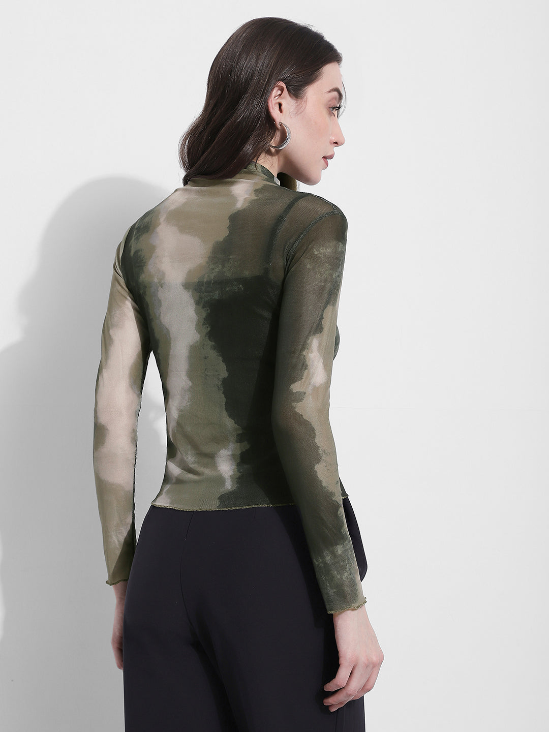 Women's Sheer Green Tie Dye High Neck Mesh Top