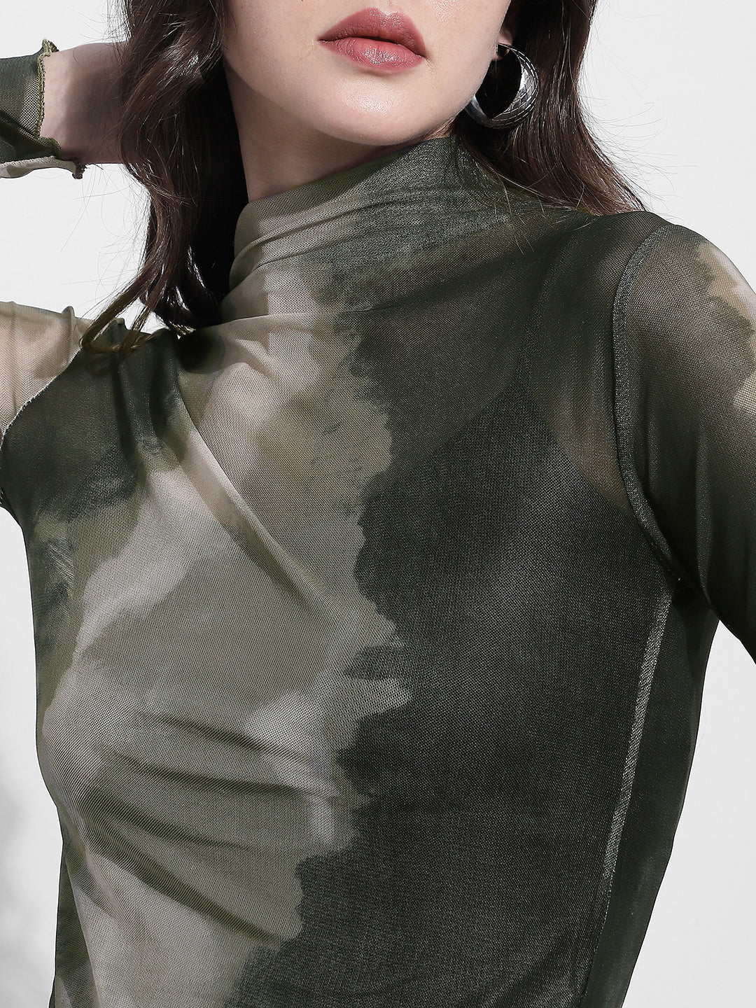 Women's Sheer Green Tie Dye High Neck Mesh Top