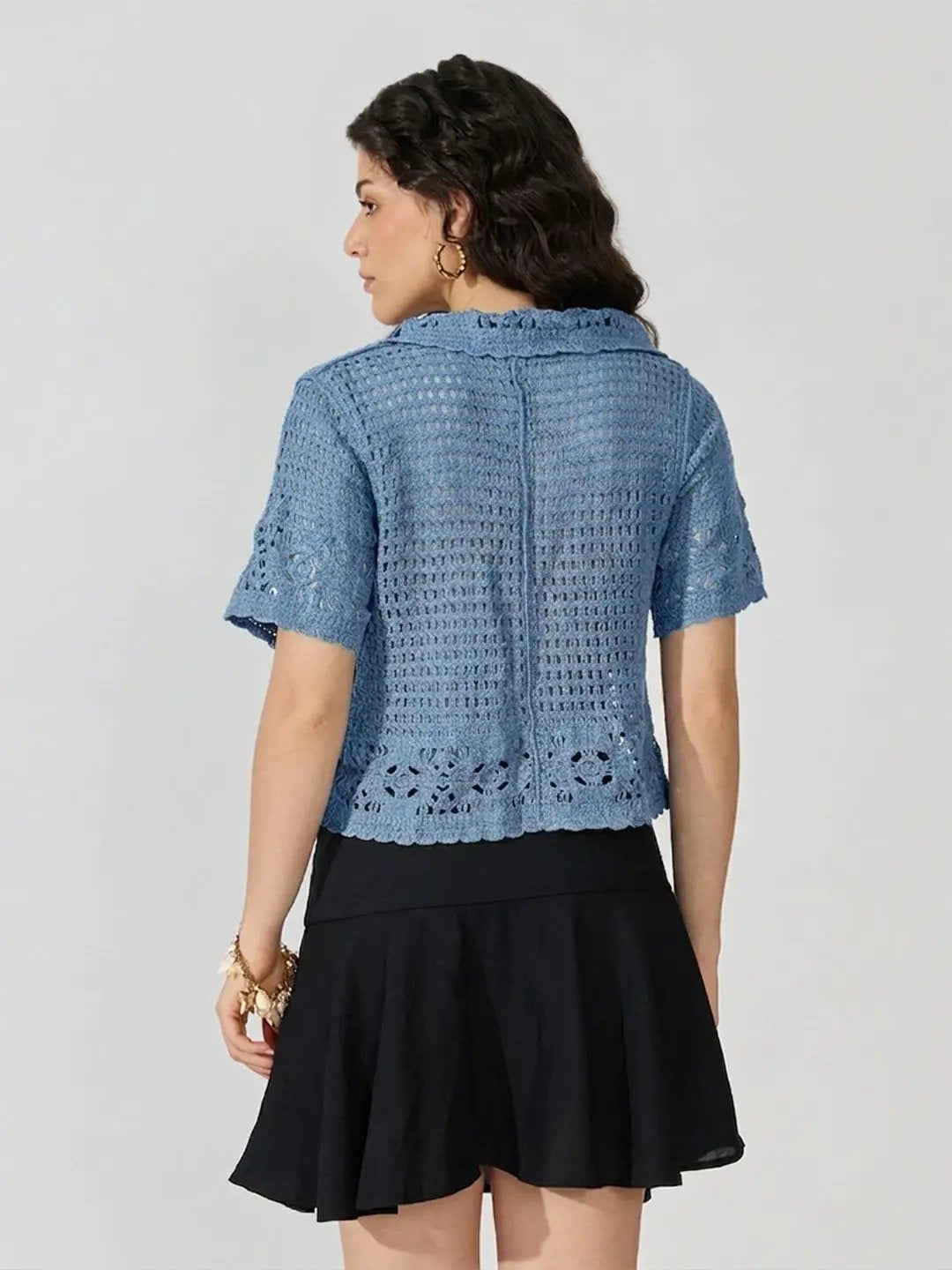 Women's Geometric Blue Collared Button Front Short Sleeve Top - from SHOWOFFFF