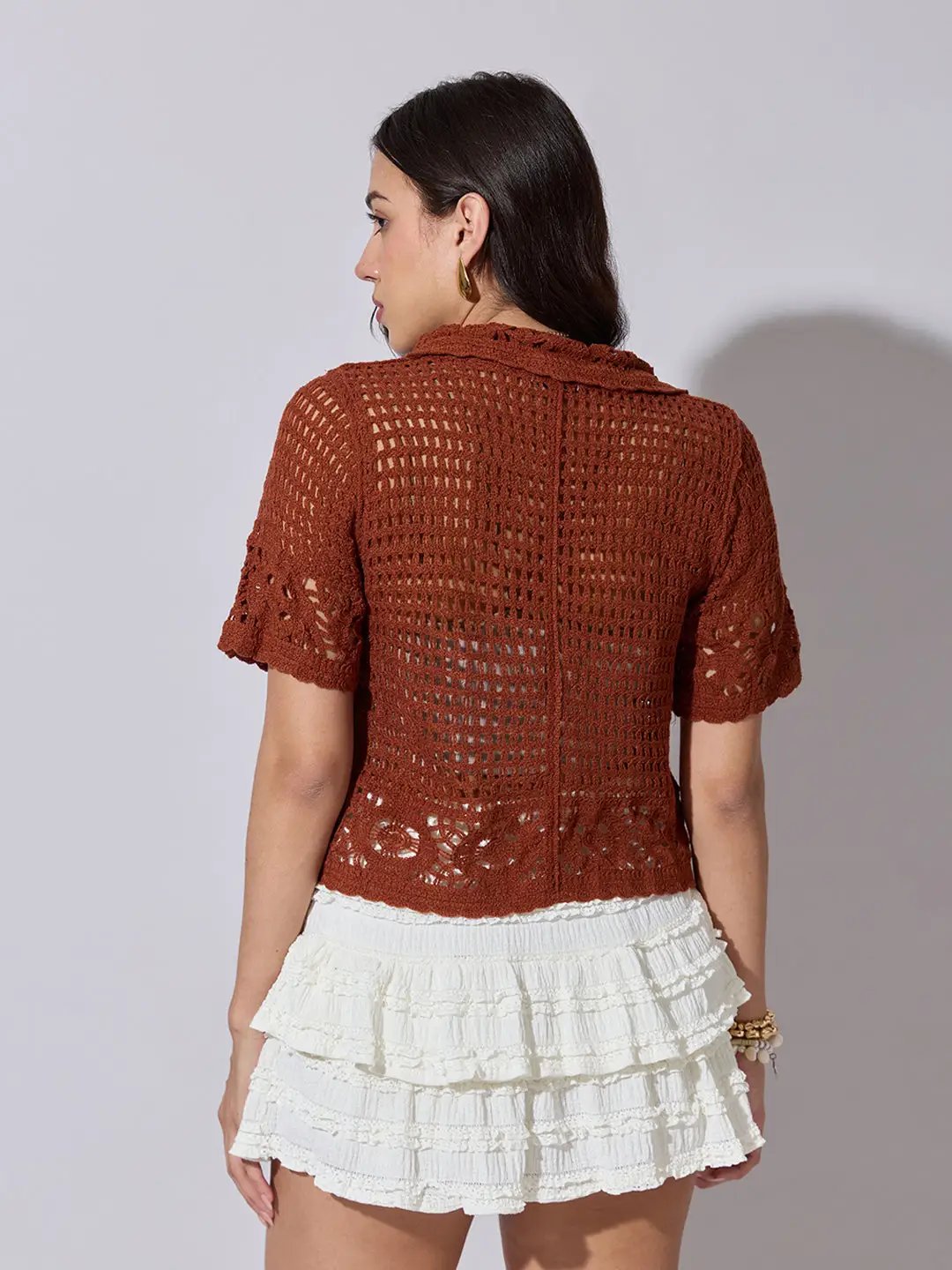 Women's Crochet Brown Button Down Short Sleeve Top - from SHOWOFFFF