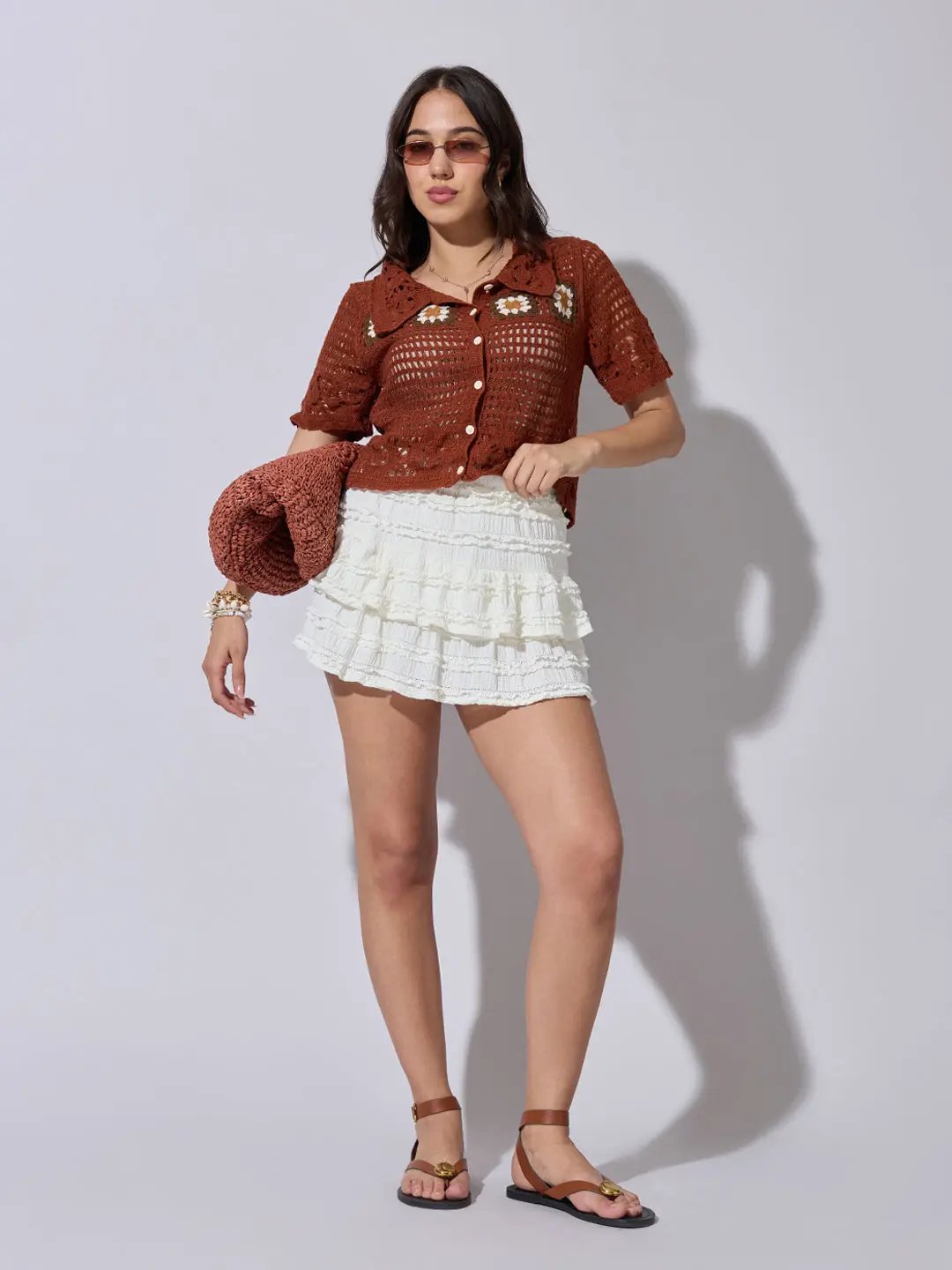 Women's Crochet Brown Button Down Short Sleeve Top - from SHOWOFFFF