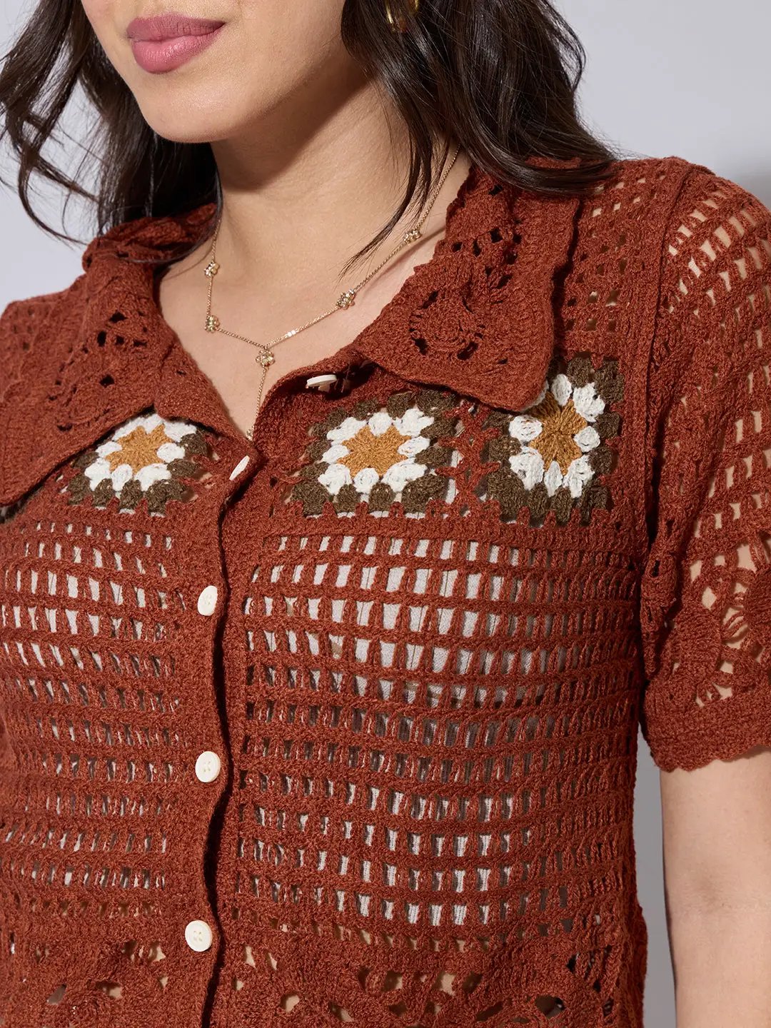 Women's Crochet Brown Button Down Short Sleeve Top - from SHOWOFFFF