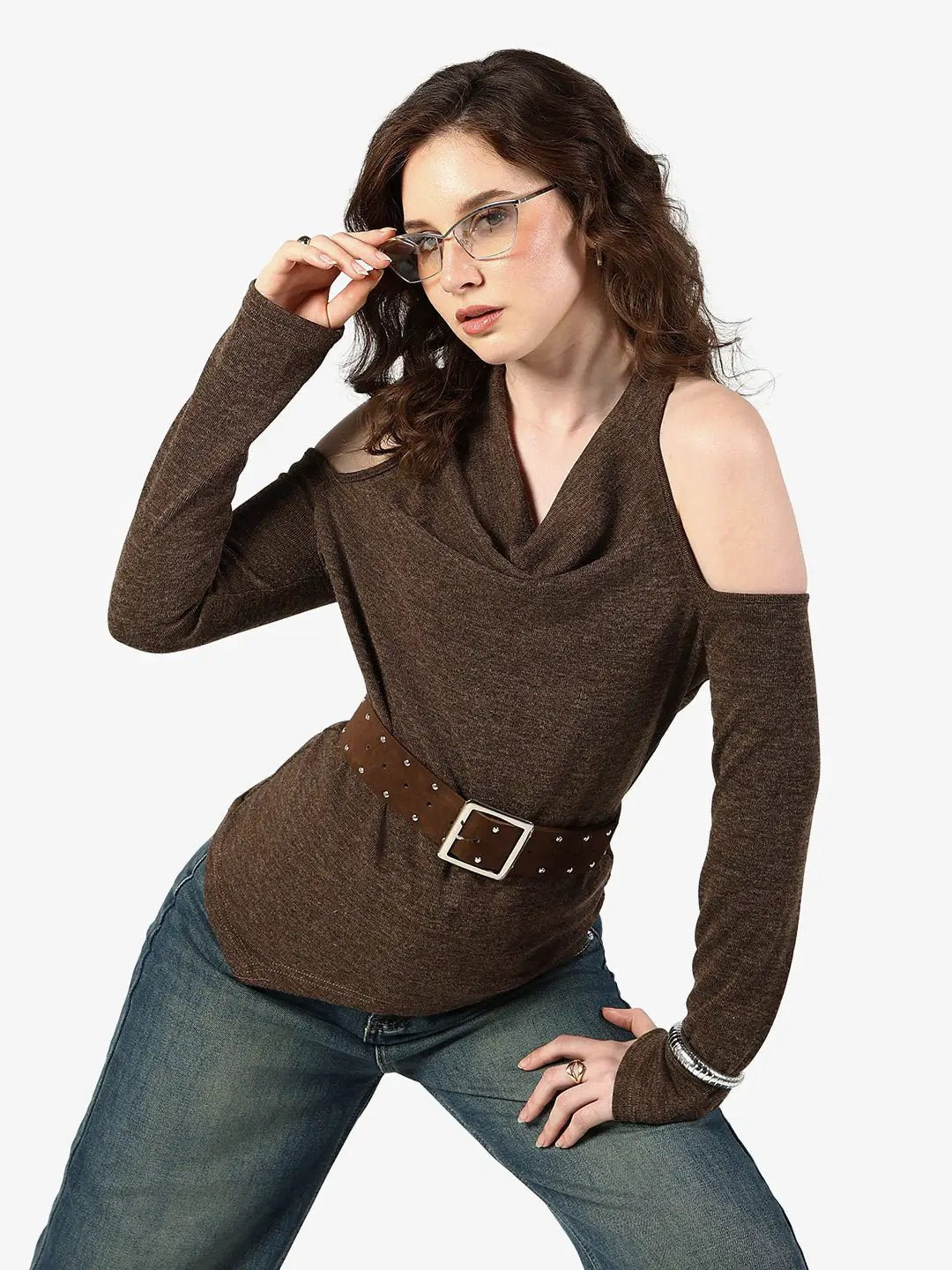 Women's Brown Cold Shoulder Cowl Neck Top with Belt - from SHOWOFFFF