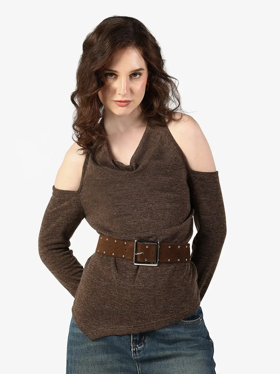 Women's Brown Cold Shoulder Cowl Neck Top with Belt - from SHOWOFFFF
