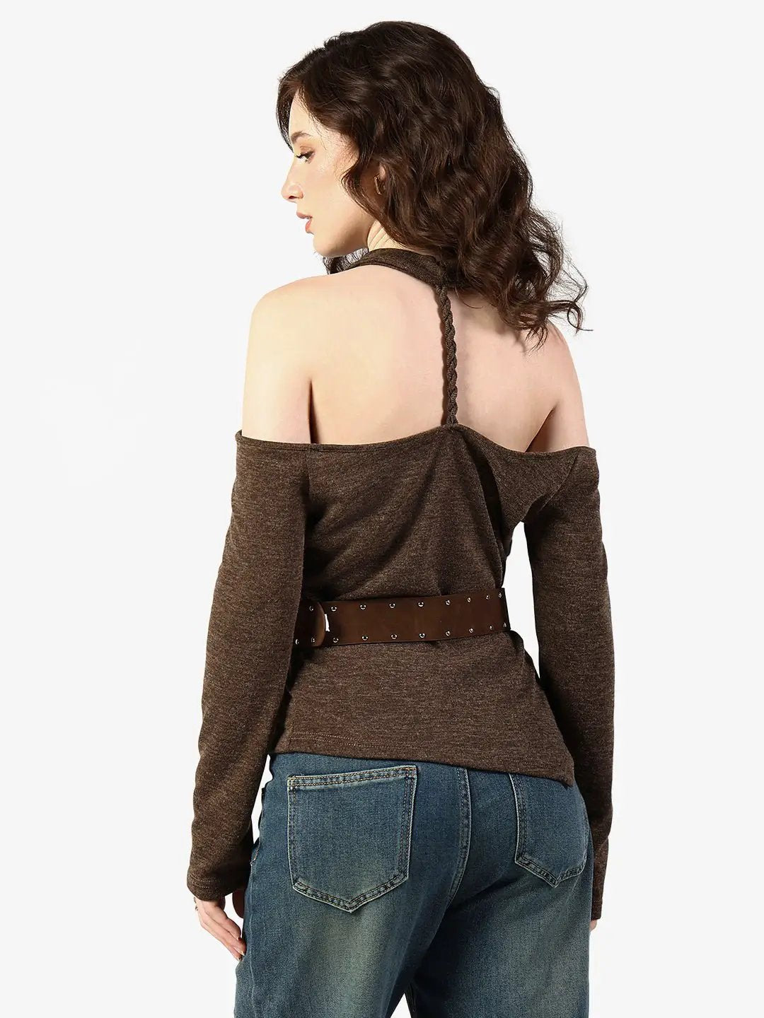 Women's Brown Cold Shoulder Cowl Neck Top with Belt - from SHOWOFFFF