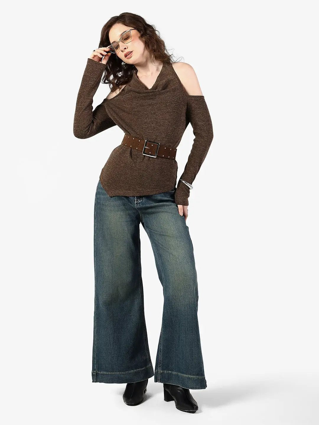 Women's Brown Cold Shoulder Cowl Neck Top with Belt - from SHOWOFFFF
