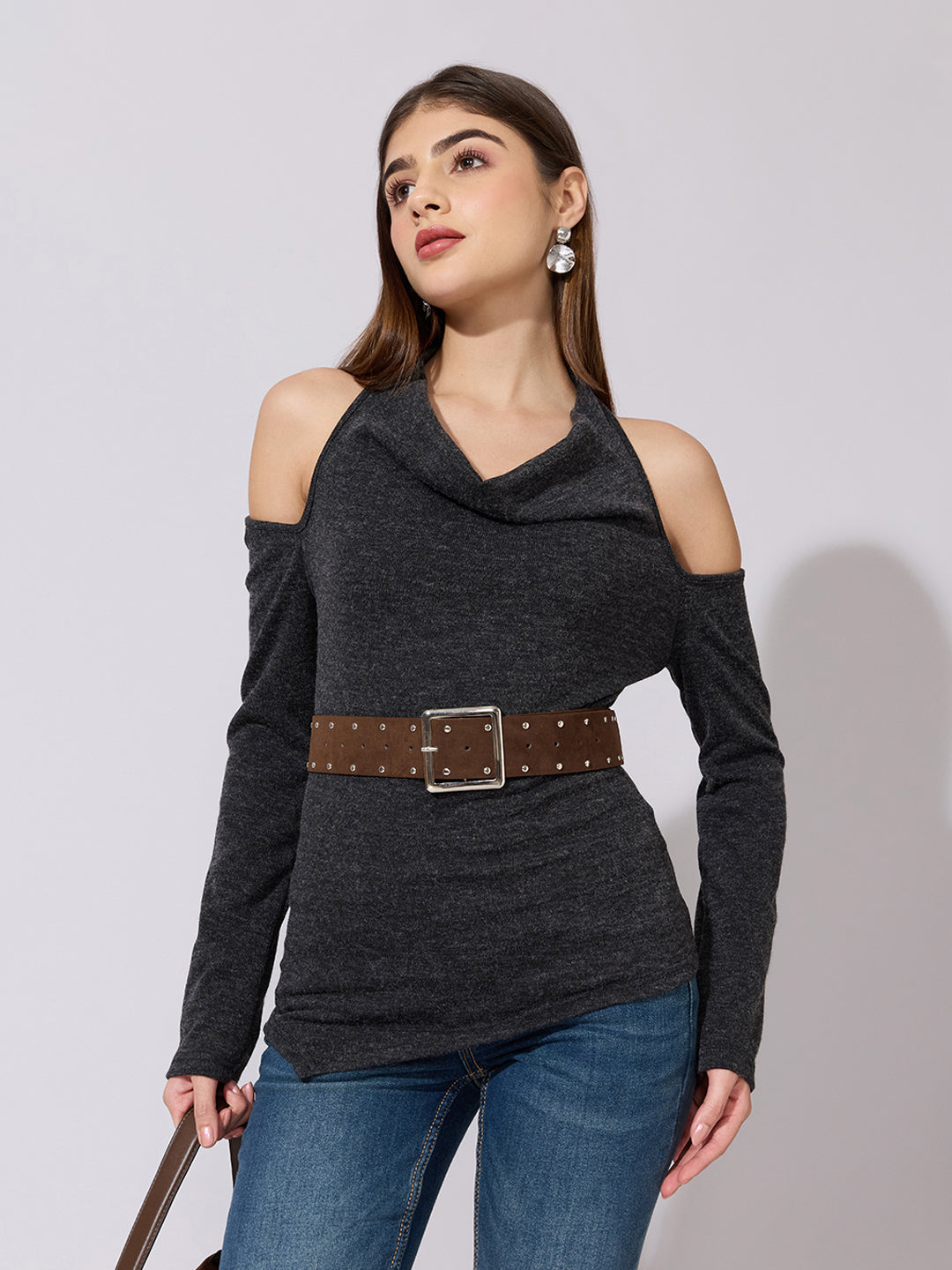 Women's Grey Cold Shoulder Cowl Neck Top with Belt