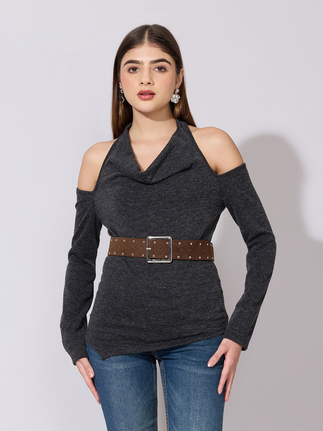 Women's Grey Cold Shoulder Cowl Neck Top with Belt