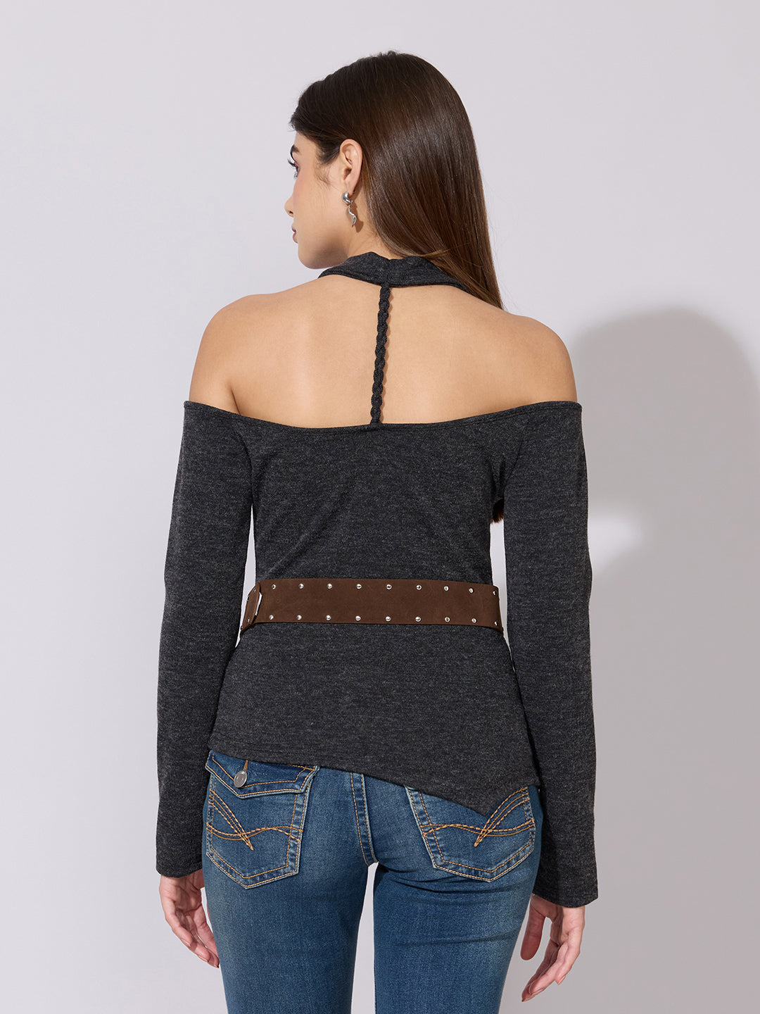 Women's Grey Cold Shoulder Cowl Neck Top with Belt