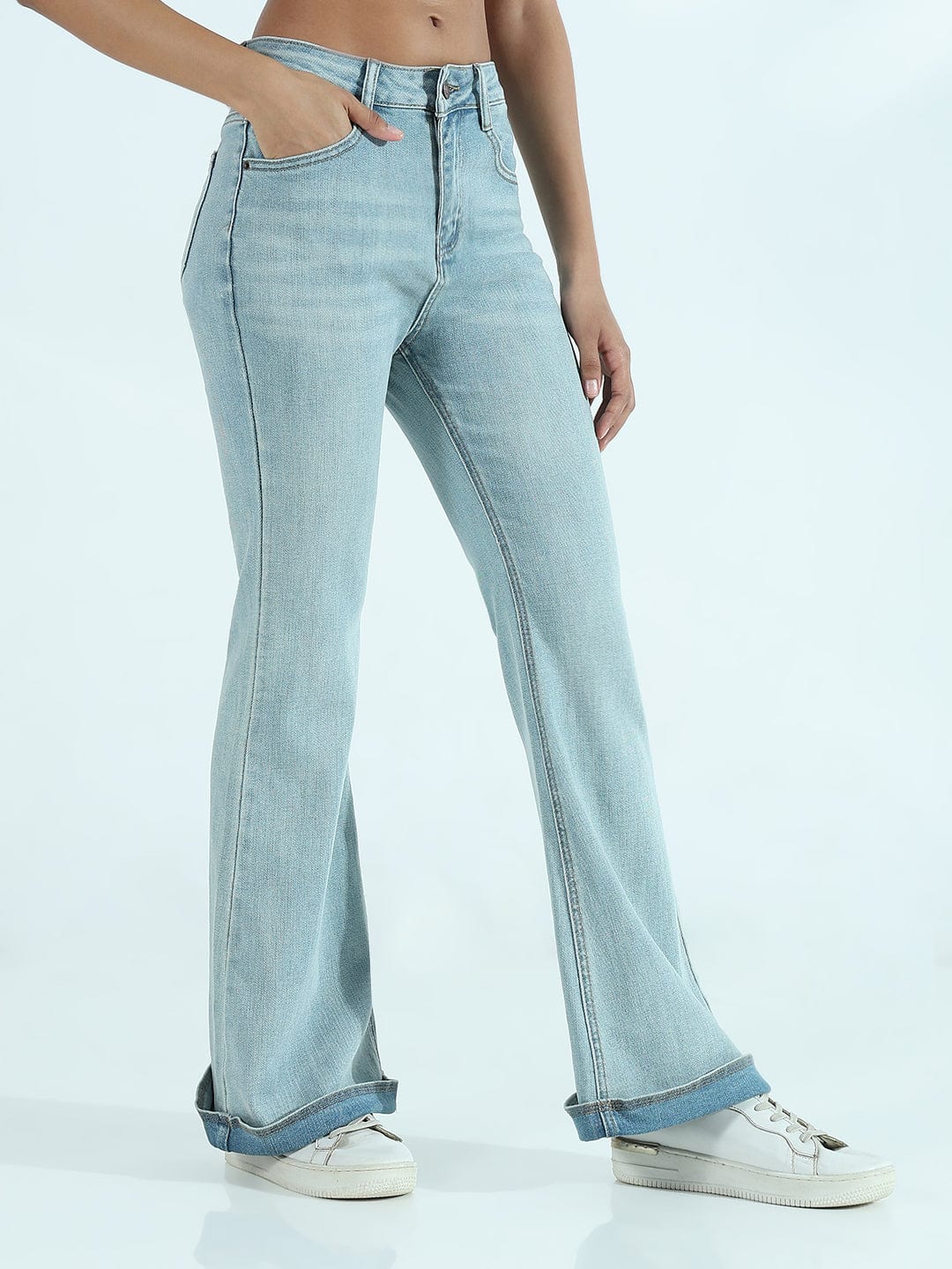 Women's Blue Mid Rise Flare Jeans with Folded Hem Detail