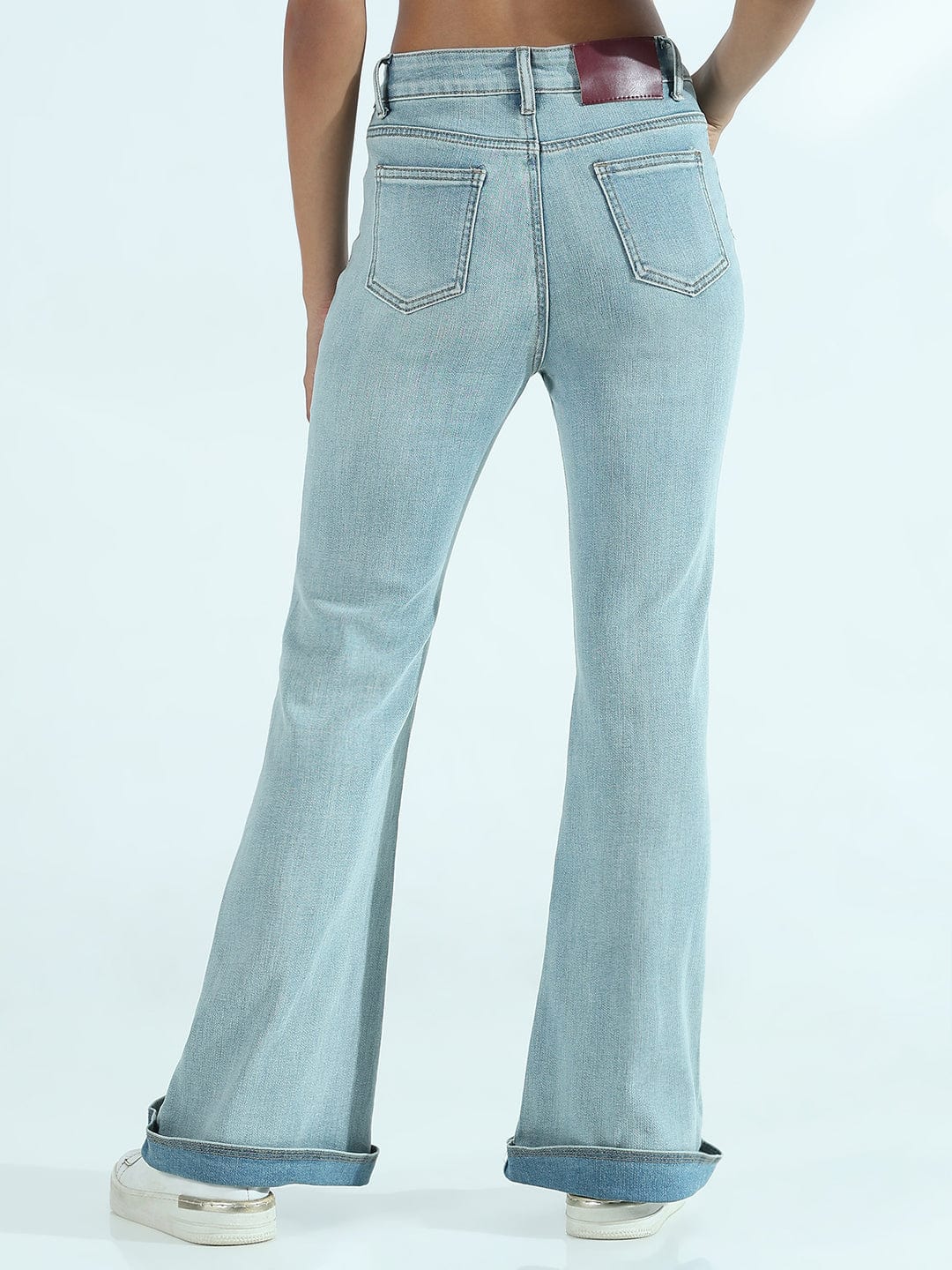 Women's Blue Mid Rise Flare Jeans with Folded Hem Detail