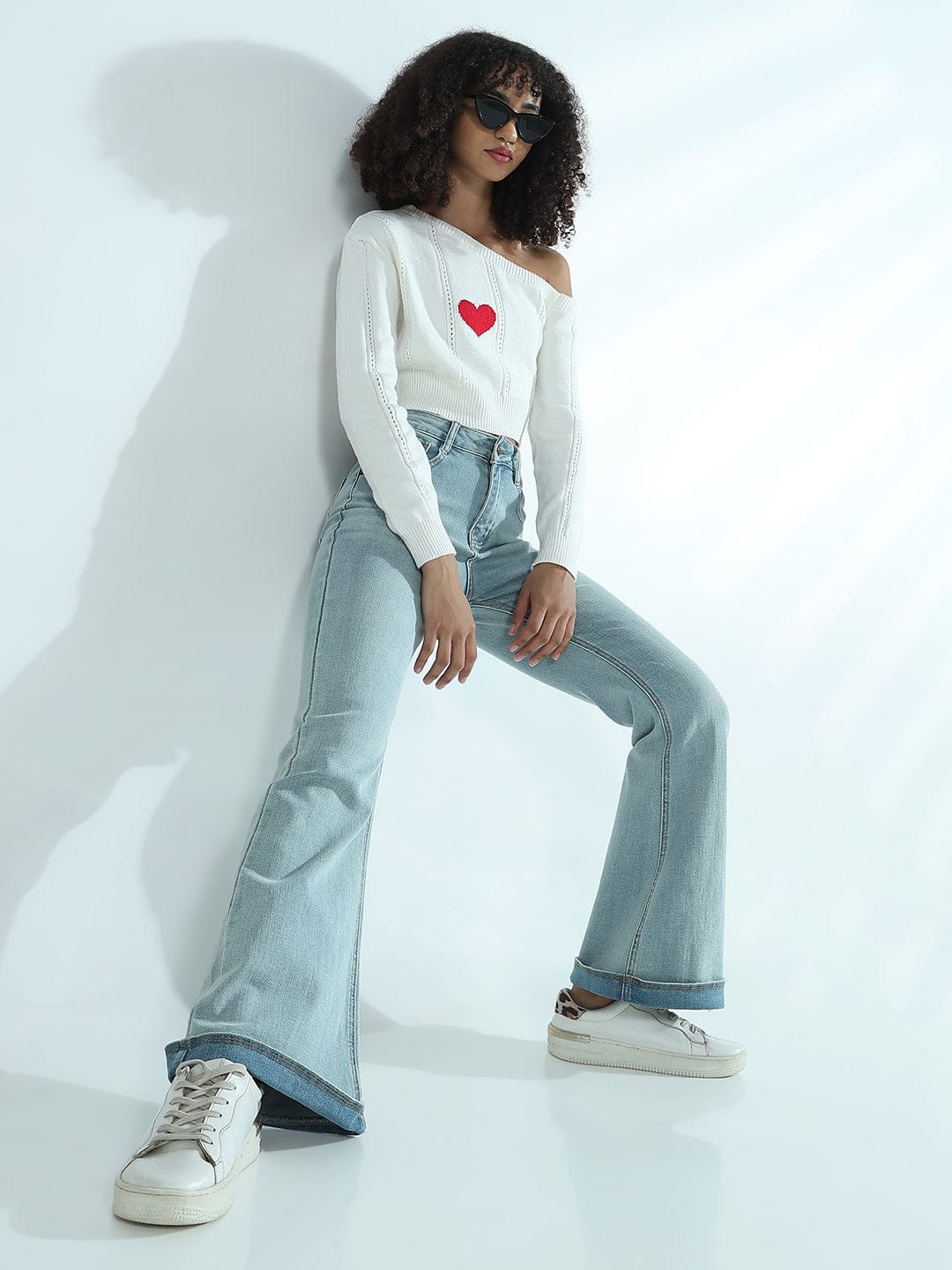 Women's Blue Mid Rise Flare Jeans with Folded Hem Detail