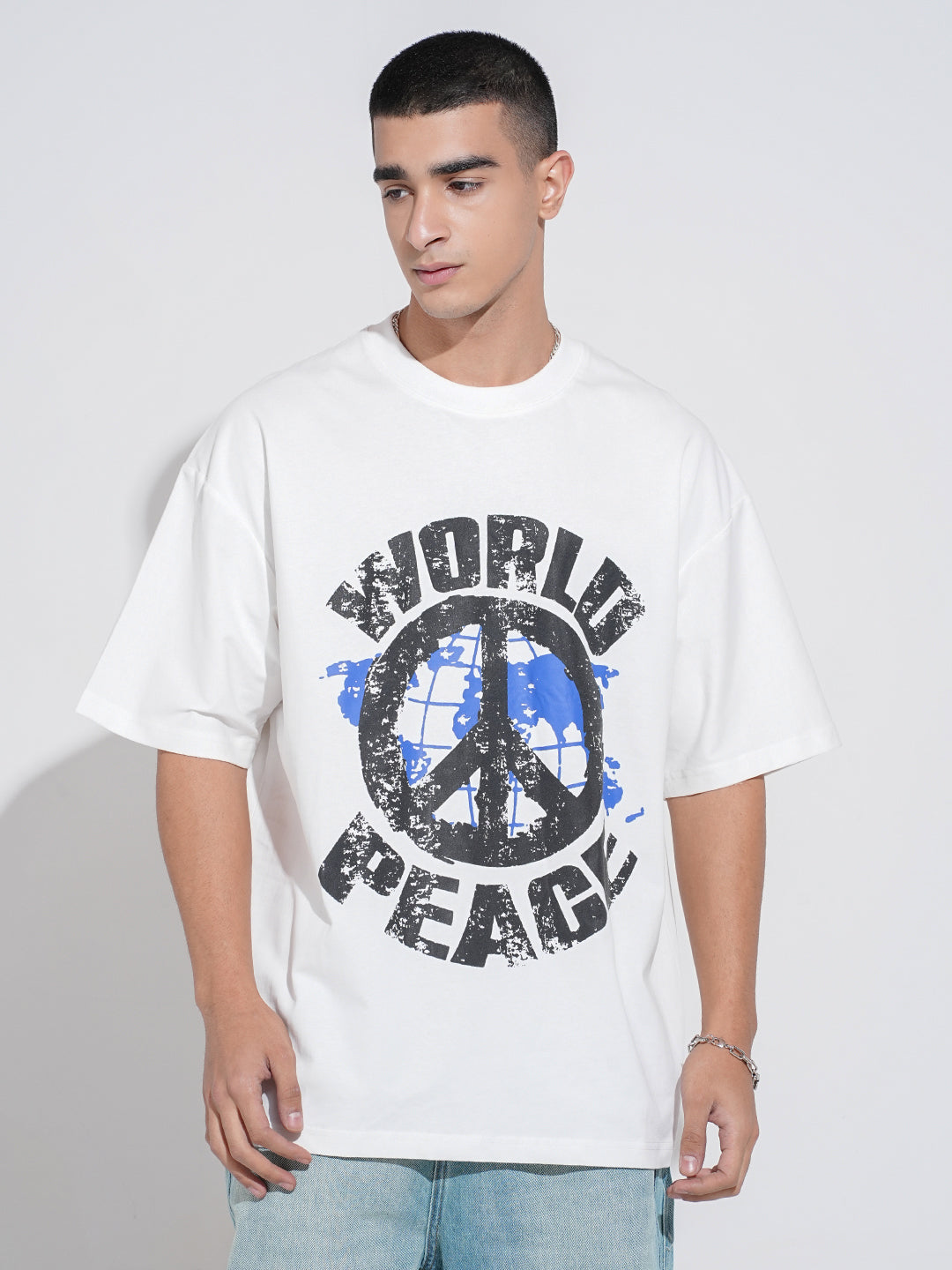 Men's Graphic Print White Short Sleeves Round Neck Oversized T-Shirt