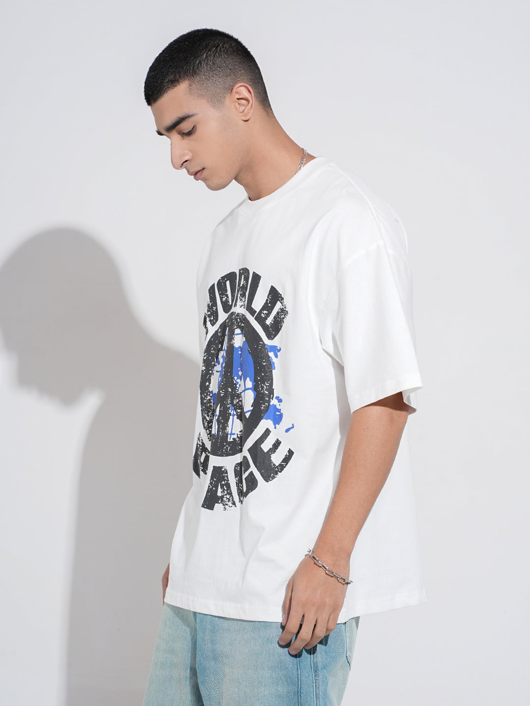 Men's Graphic Print White Short Sleeves Round Neck Oversized T-Shirt