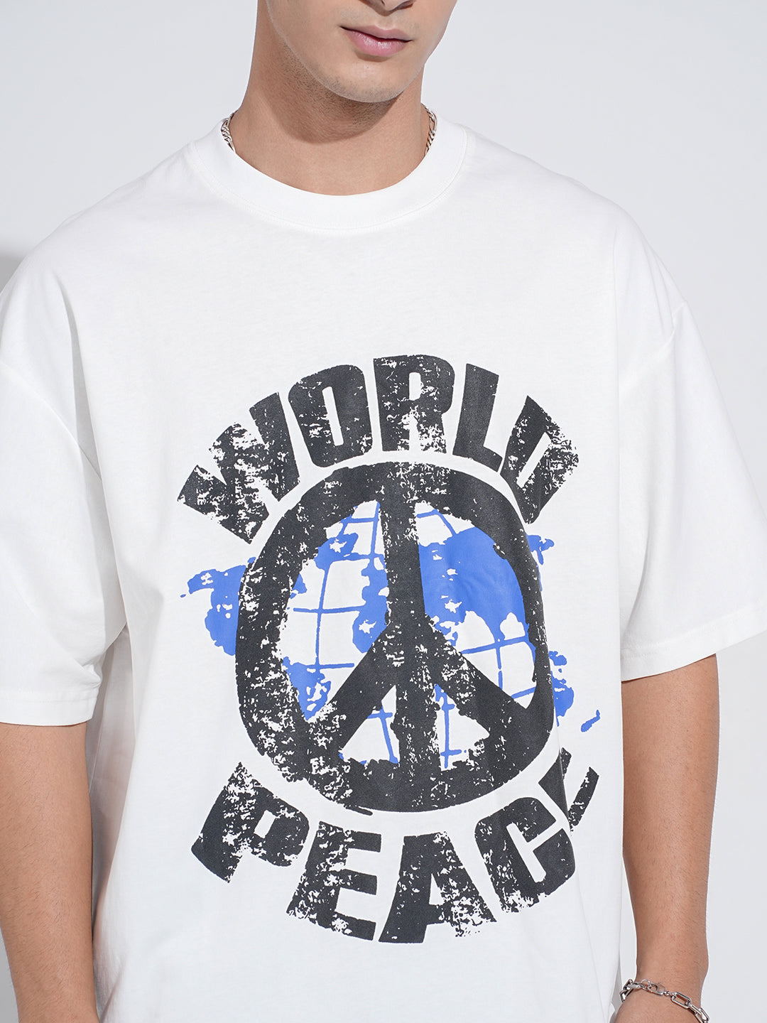 Men's Graphic Print White Short Sleeves Round Neck Oversized T-Shirt