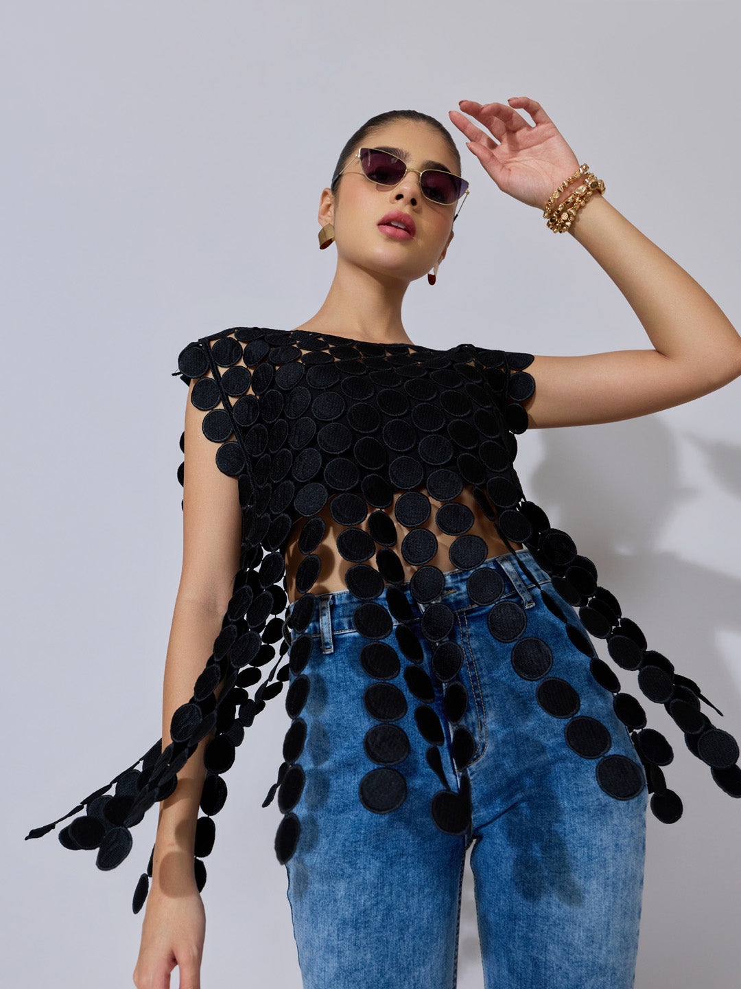 Women's Circular Embellished Black Party Top