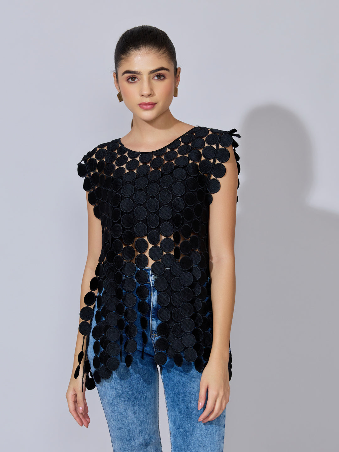 Women's Circular Embellished Black Party Top