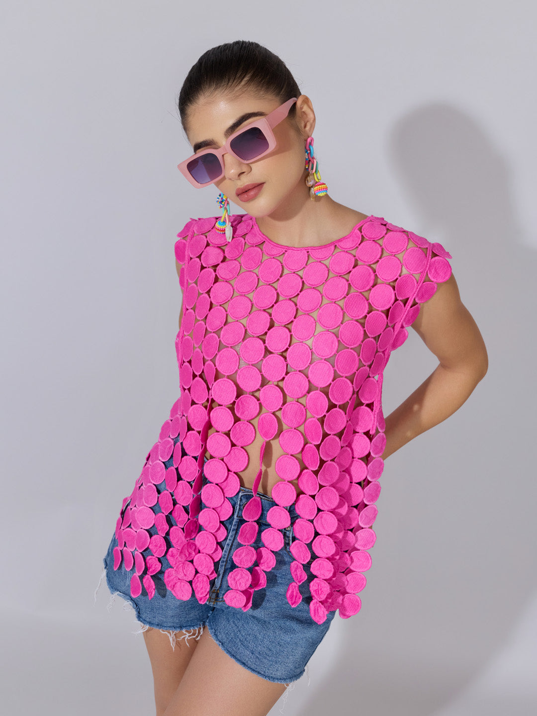 Women's Circular Embellished Pink Party Top