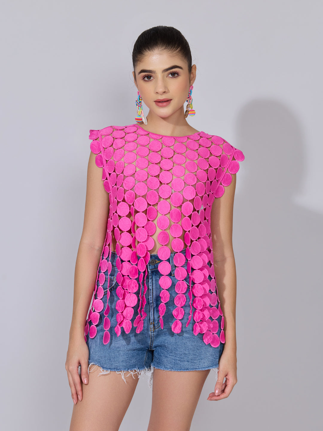 Women's Circular Embellished Pink Party Top