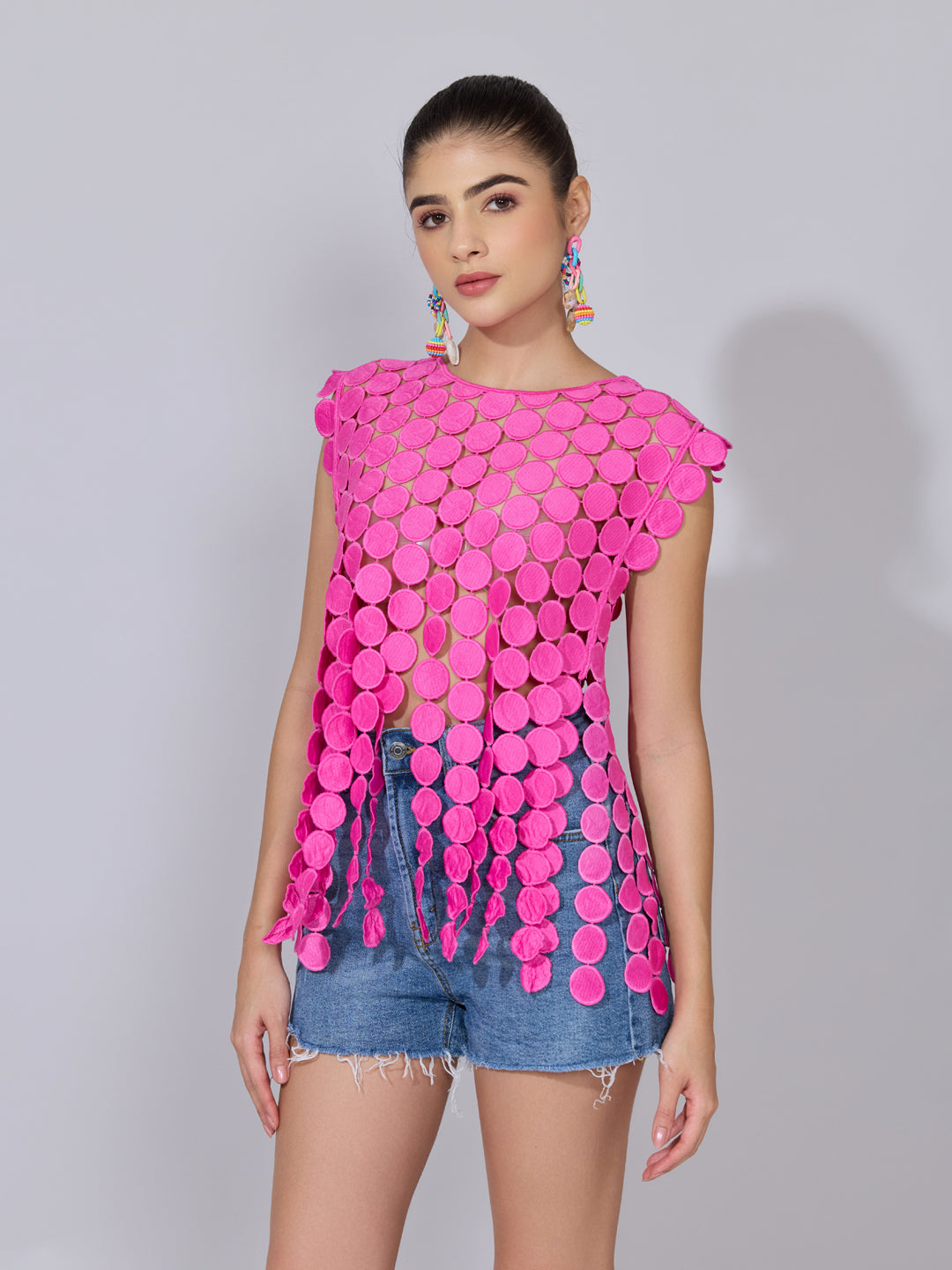 Women's Circular Embellished Pink Party Top