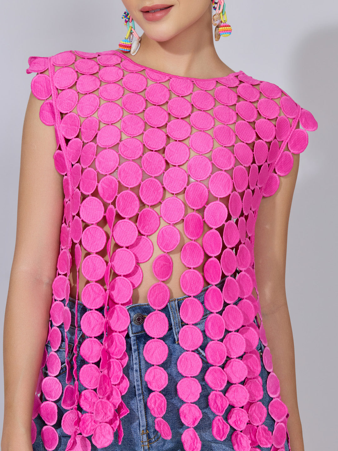 Women's Circular Embellished Pink Party Top