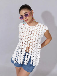 Women's Circular Embellished White Party Top