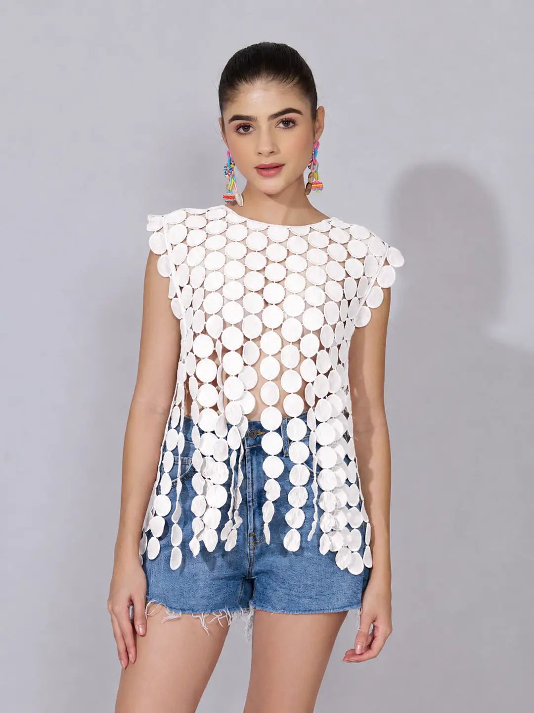 Women's Circular Embellished White Party Top