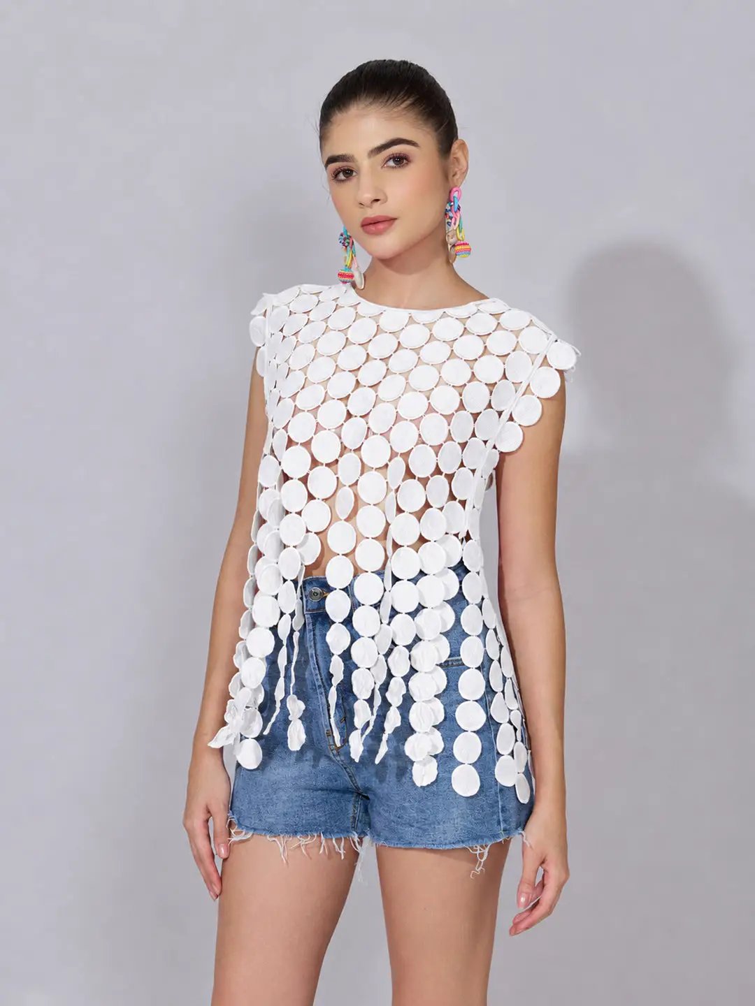 Women's Circular Embellished White Party Top