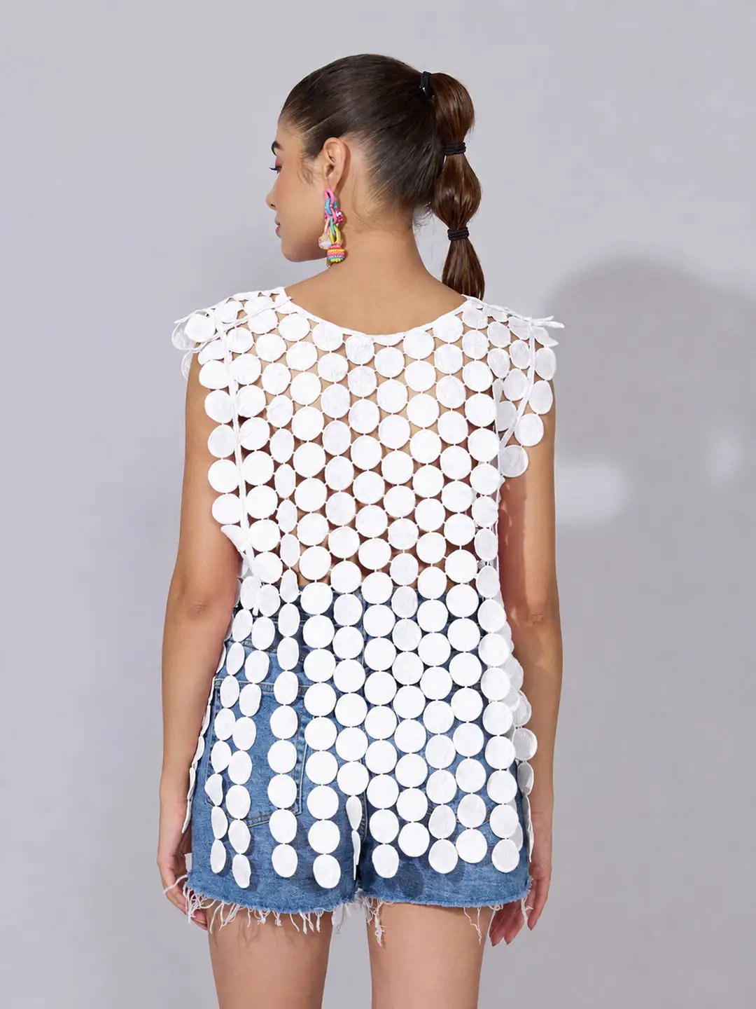 Women's Circular Embellished White Party Top