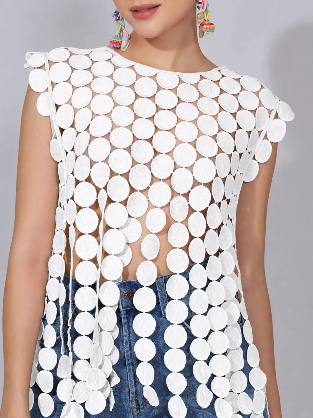 Women's Circular Embellished White Party Top