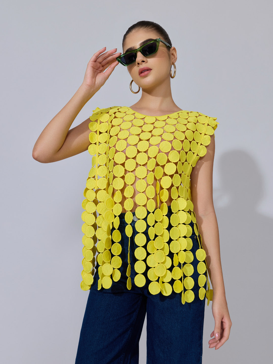 Women's Circular Embellished Yellow Party Top