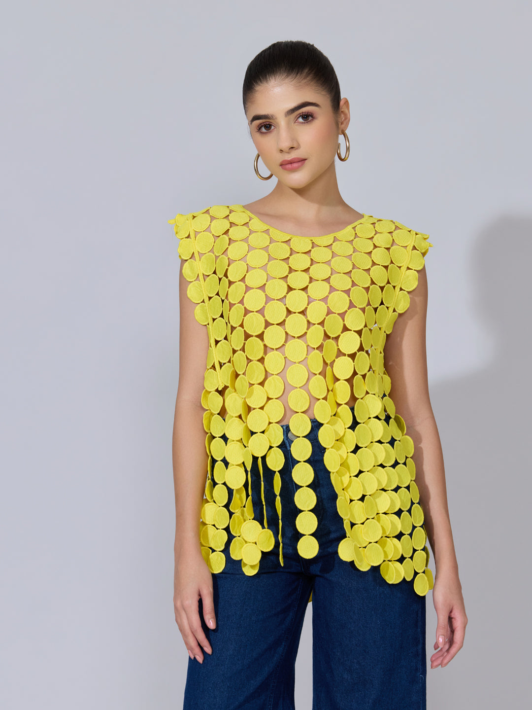 Women's Circular Embellished Yellow Party Top
