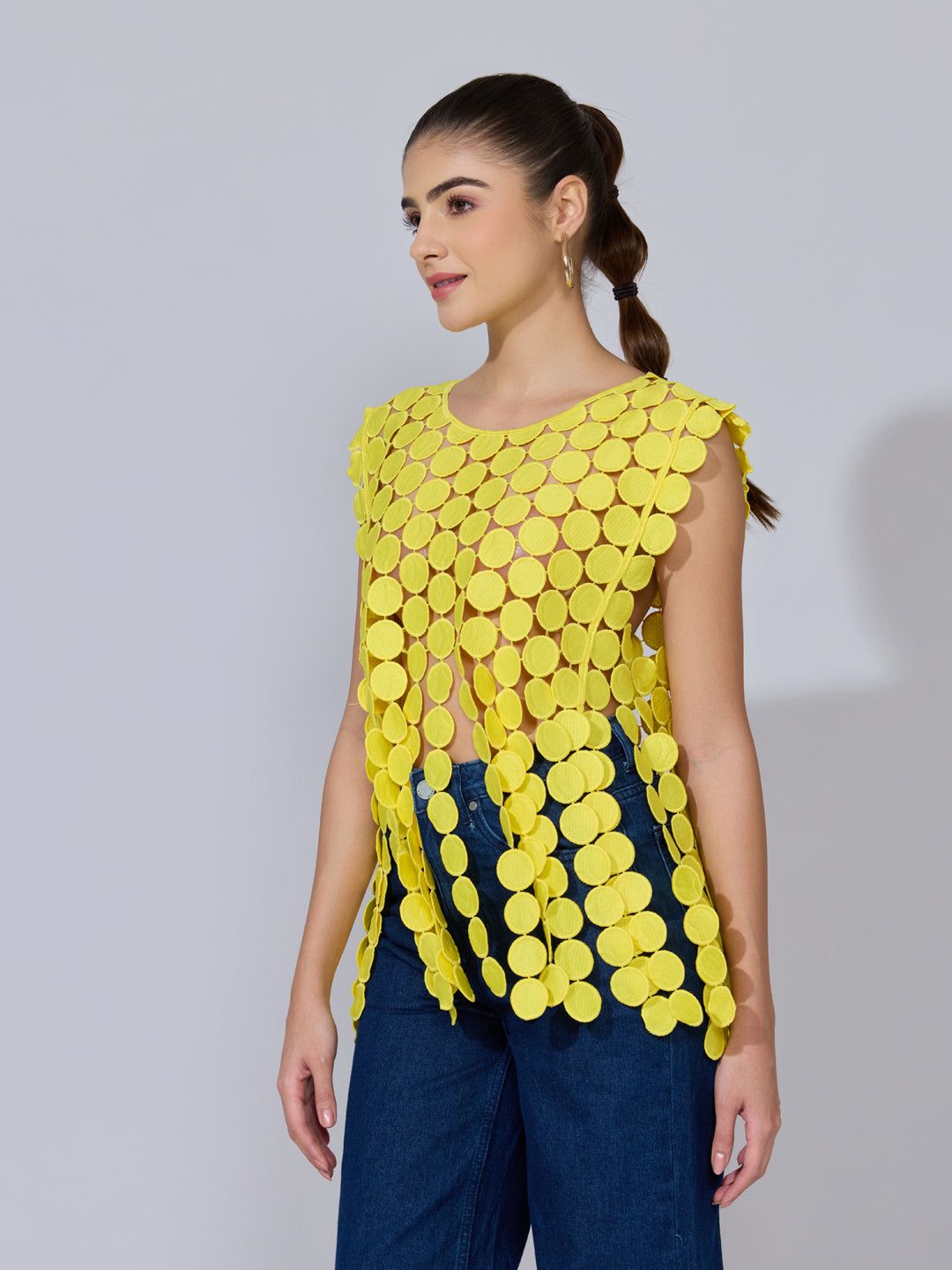 Women's Circular Embellished Yellow Party Top