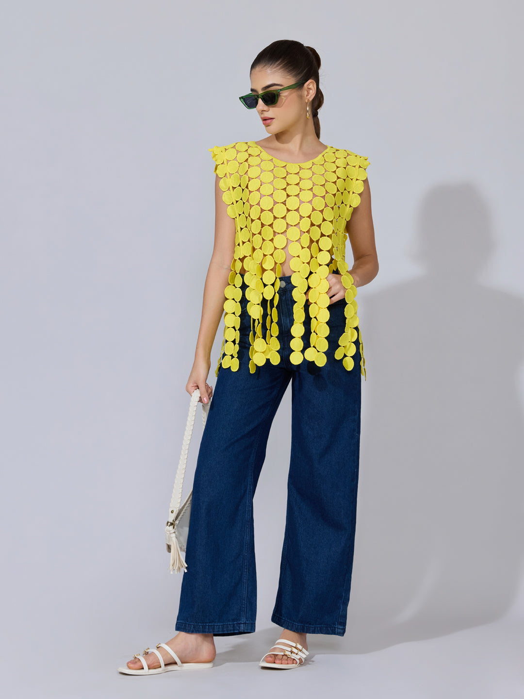 Women's Circular Embellished Yellow Party Top