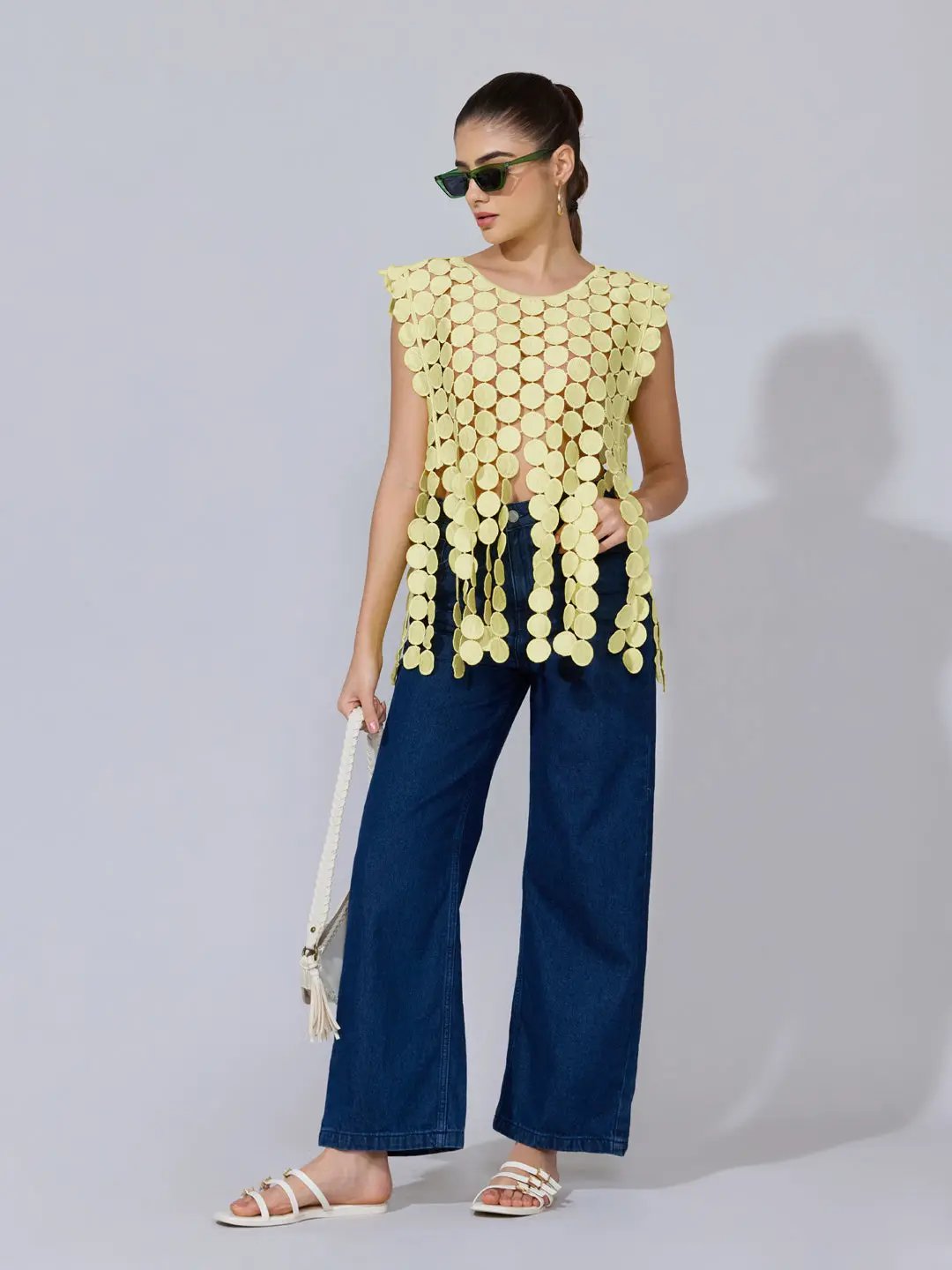 Women's Circular Embellished Yellow Party Top