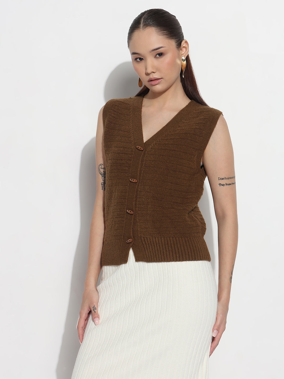 Women's Brown V-Neck Sleeveless Knitted Top with Button Detail