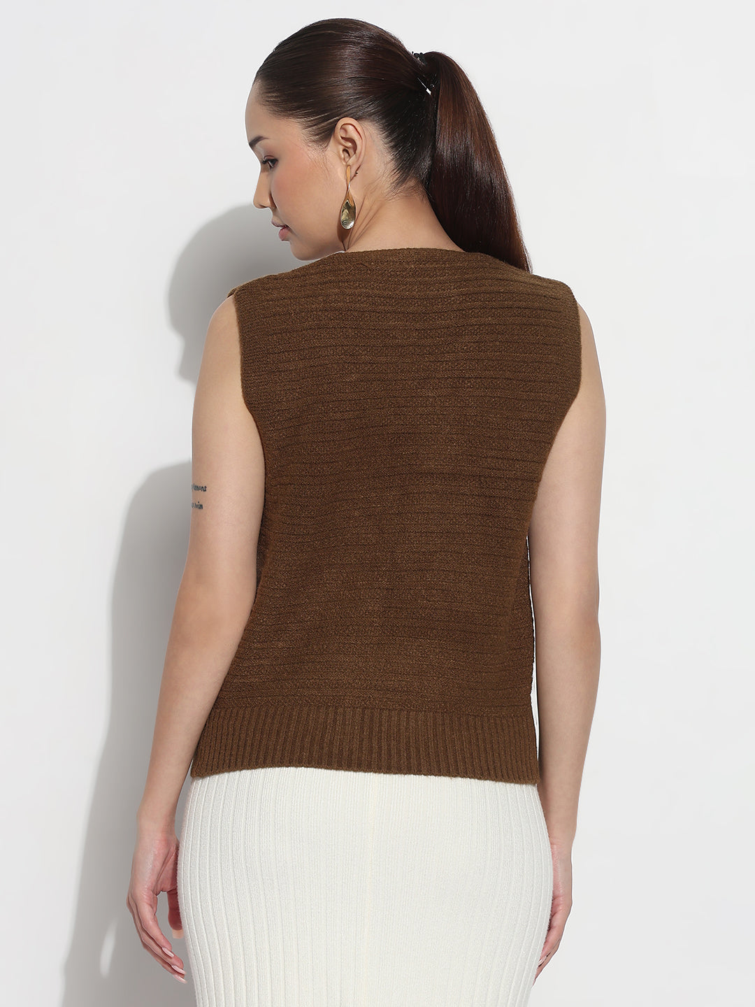Women's Brown V-Neck Sleeveless Knitted Top with Button Detail