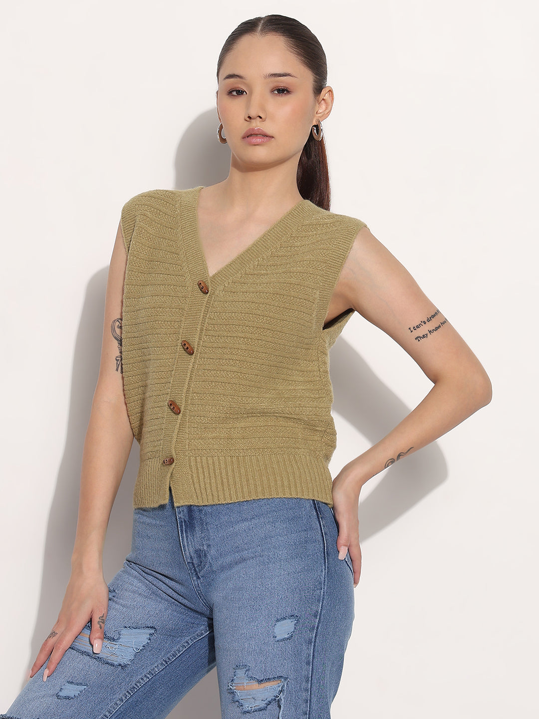 Women's Olive V-Neck Sleeveless Knitted Top with Button Detail
