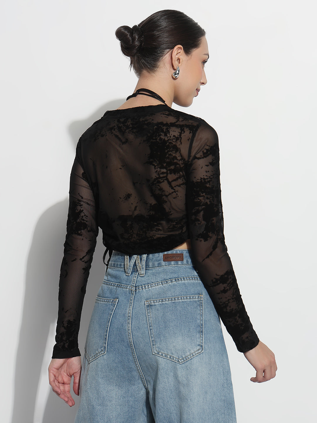 Women's Abstract Black Ruched Side Tie-Up Sheer Crop Top