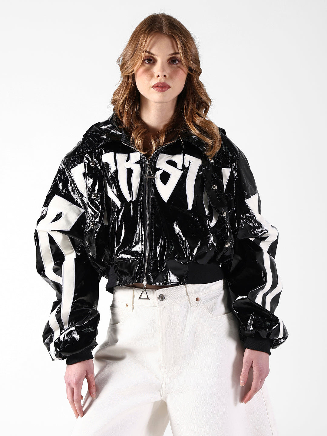 Women's Typography Black Patent Zip-Up Jacket