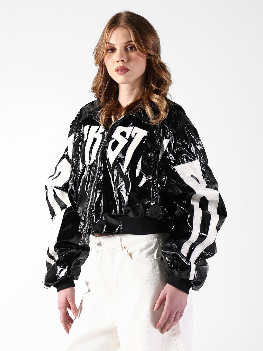 Women's Typography Black Patent Zip-Up Jacket