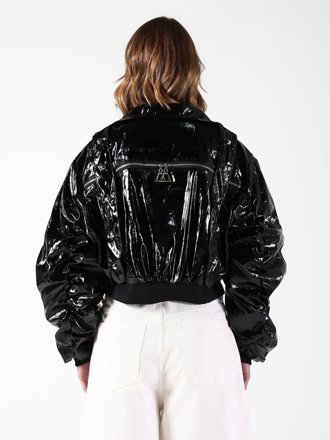 Women's Typography Black Patent Zip-Up Jacket