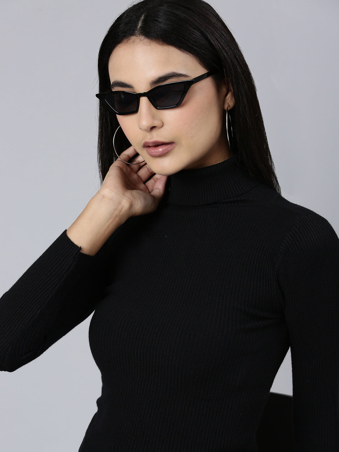 Women's Ribbed Black High Neck Top